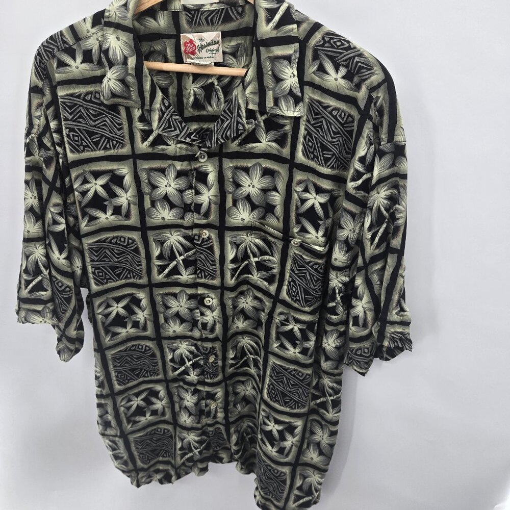 VTG Hilo Hattie The Hawaiian Original Green Black 100% Rayon Button Down Size XL